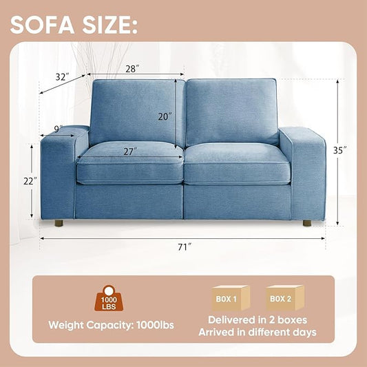 Waxberry 71" Chenille Loveseat Sofa Couch for Living Room with Seat Storage, Modern 2-Seater Deep Seat Sofa with Side Pockets & Type-C/USB Ports, Detachable Backrest for Office, Apartment (Blue)
