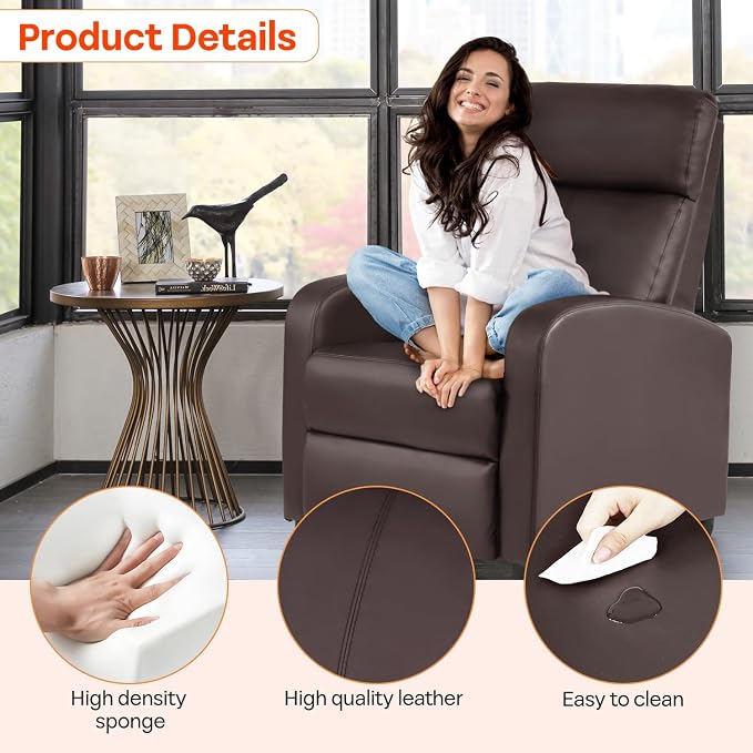 FDW Recliner Chair Massage Chair Reading Chair Reclining Sofa Home Theater Seating with Lumbar Support Massage and Padded Backrest for Living Room and Bedroom (Leather, Brown)