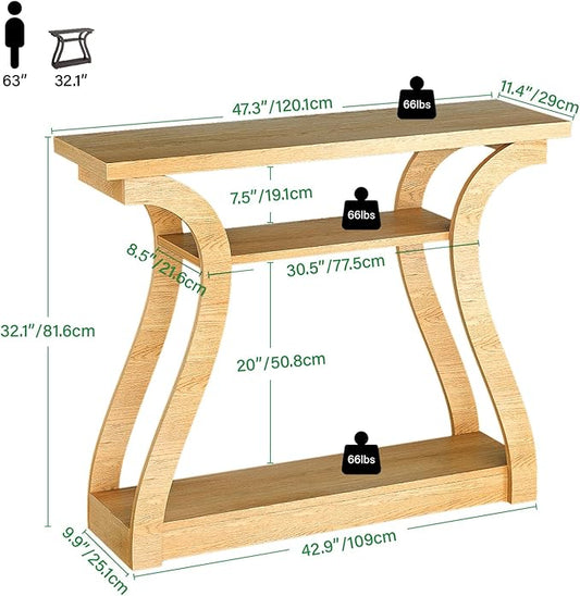 Wooden Console Table with Curved Legs and Shelf, 3-Tier Modern Accent Narrow Sofa Table for Entrance Area, Living Room, Hallway, 47 in Wide Wood Console Table for Entryway (Natural)