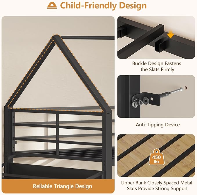 DICTAC Twin Over Twin Low Bunk Bed with Desk and Drawers, Black | Metal House Shaped Low Bunk Bed, 2 Storage Drawers, Bookshelf and Side Pocket, Floor Bunk Bed with 13.4''H Safety Guardrail