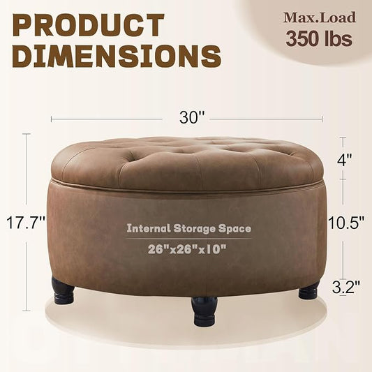 30-Inch Round Storage Ottoman, Button Tufted Ottoman Coffee Table with Removable Top for Living Room, Bedroom, Office (Cognac Tan)