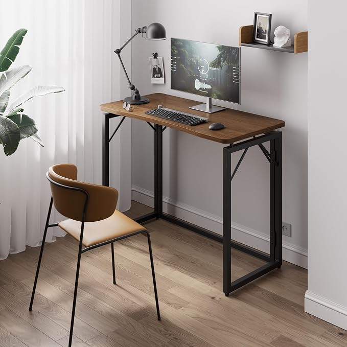 JOYMOOP 31.5" Folding Desk - Brown, No Assembly Small Foldable Desk for Home, Office, Wooden Top Folding Computer Desk for Working, Writing, Studying