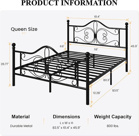 SHA CERLIN Queen Size Bed Frame and Headboard,Metal Bed Frame with Butterfly Pattern Design Headboard & Footboard,No Box Spring Needed,Easy Assembly,Black
