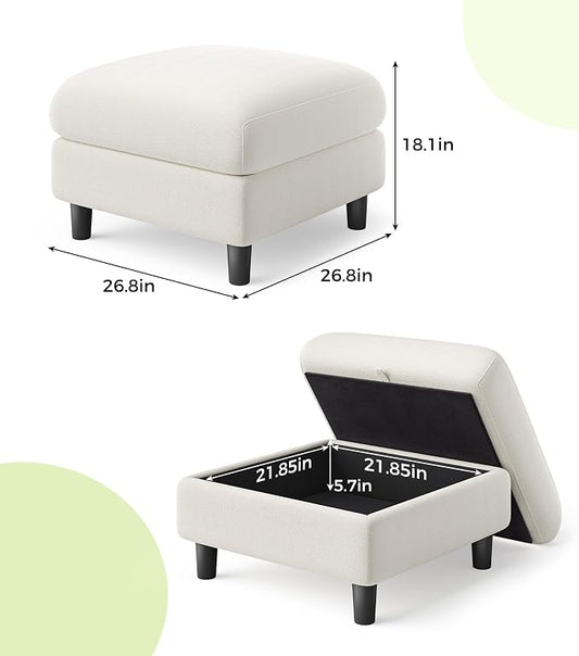 Welzona Teddy Storage Ottoman, 26.7" Large Living Room Ottoman, All-Wood Coffee Table Ottomans with Storage, Tool-Free Setup Ottomans for Living Room, Bench for Bedroom, Beige