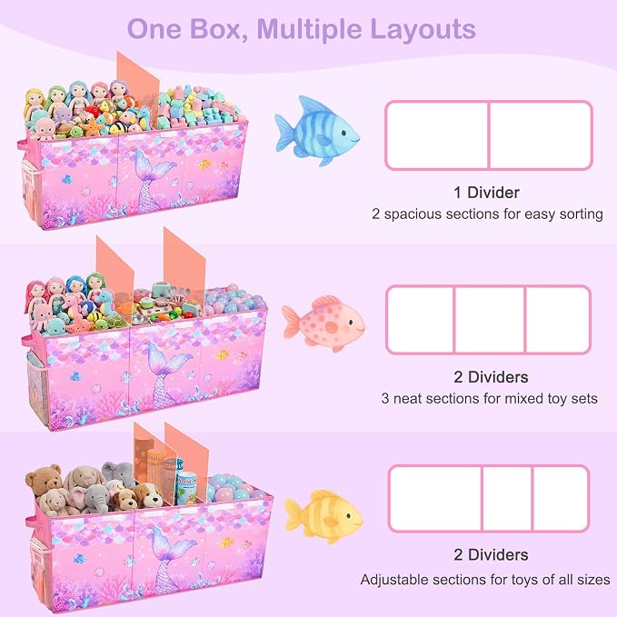 Unicorn Castle Toy Box with Adjustable Divider Toy Chest Storage Large Toy Storage Organizer Bin Collapsible with Lid Pockets for Nursery Playroom,Pink Purple Mermaid