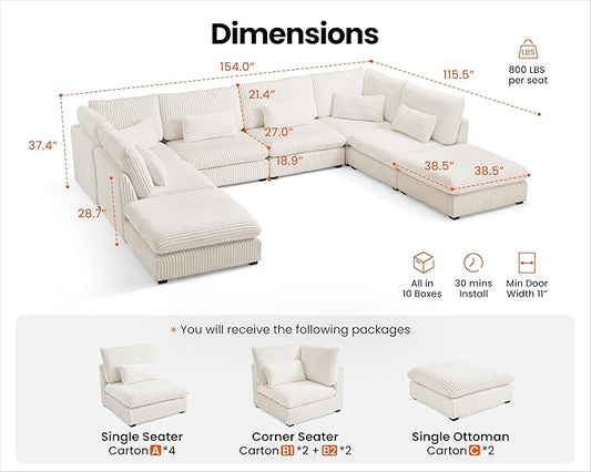154" Oversized Corduroy Couch Modular Sectional Sofa, Washable Cloud Couch Sectional with 4 Ottoman, 8 Seater Sectional Couches for Living Room, Fully Cover Removable, Sleeper Sofa, Corduroy, White