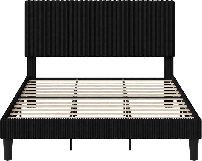 Allewie King Size Upholstered Bed Frame with Vertical Channel Tufted Headboard, Soft Corduroy Fabric Platform Bed, Strong Wooden Slats Support, Easy Assembly, No Box Spring Needed, Black