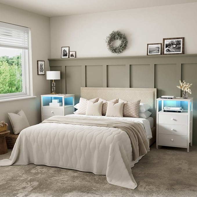 BOLUO White Night Stand with 3 Fabric Drawers, Nightstand with Charging Station LED Nightstand for Bedroom, Bedside Table with USB Ports and Outlets Modern