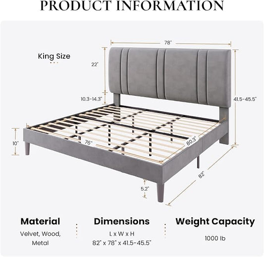 SHA CERLIN King Size Platform Bed Frame, Velvet Upholstered Bed with Adjustable Headboard, Vertical Channel Tufted Design, Sturdy Wood Slat Support, No Box Spring Needed, Easy Assembly, Light Grey