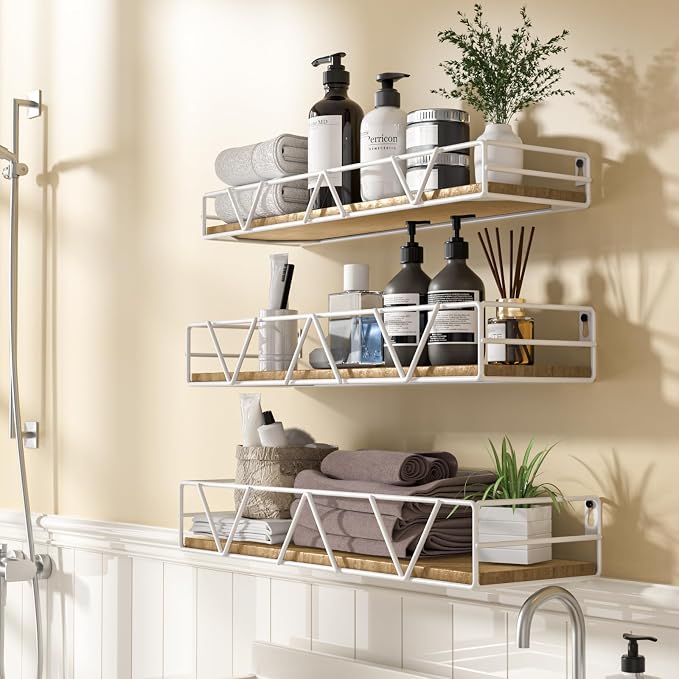 Amaoot Floating Shelves Set of 3, Home Wood Wall Shelf, Farmhouse Shelf for Bedroom, Wall Mounted Floating Shelf for Living Room, Bedroom, Bathroom, Kitchen, Office (White)