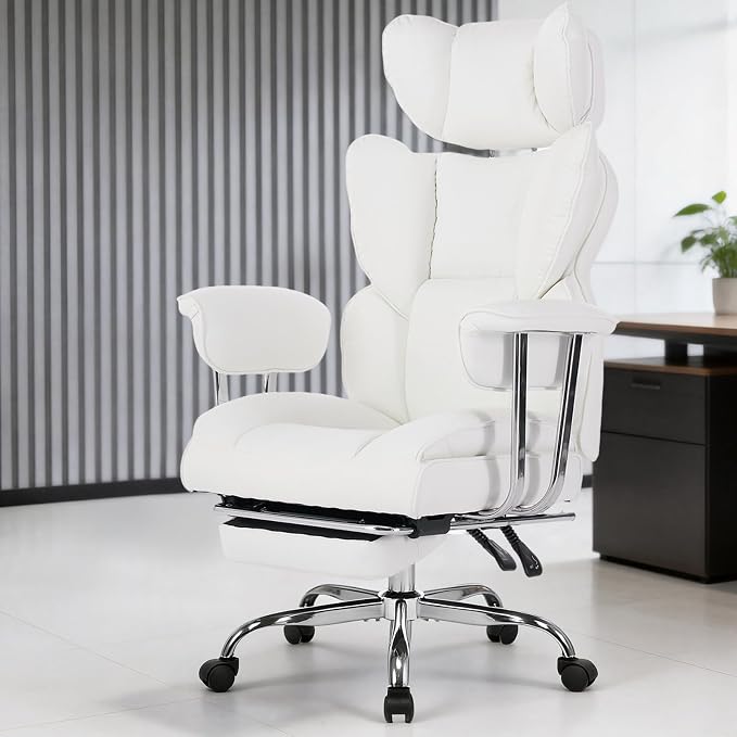DUMOS Big and Tall Office Chair 400 LBS, Scratch-Resistant PU Leather Executive Office Desk Chair with Footrest, Ergonomic Reclining Computer Chairs with Pocket Spring Support, White