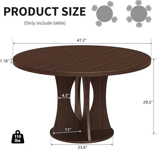 iPormis 47 Inch Round Dining Table for 4-6 People, Wooden Dining Room Table with Pedestal Base, Modern Kitchen Table for Apartments, Dining Room, Kitchen or Living Room, Dark Walnut, Table Only
