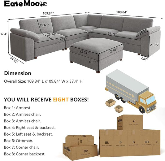 EEASE Moose Oversized Sectional Modular Sofa, Comfty Deep Seat Couch for Living Room,Solid Wood Frame Sofa,Removable and Washable,Grey