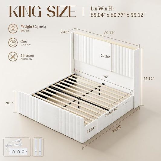 King Size Bed Frame with 55.1" Tall Headboard, Velvet Upholstered Platform Bed with Channel Tufted Wingback, 2 Reading Lights/Storage Shelf/Charging Station/Easy Assembly/Noise-Free, Cream
