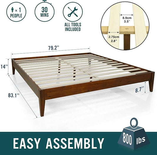 Acacia Mervyn Sturdy King Size Bed Frame Solid Wood Platform Bed, King Bed Frame 800 lbs Capacity, Mid Century Signature Wood Bed Compatible with All Mattresses, Non-Slip and Noise-Free, Caramel