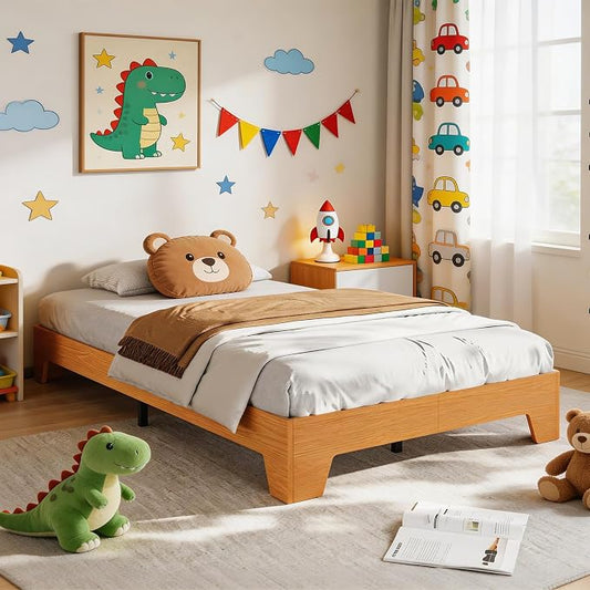 IDEALHOUSE Twin Size Wood Bed Frame,Platform Nature Bed with Strong Wooden Slats,No Box Spring Needed,Minimalist Bedroom Furniture,Contemporary Wooden Bed Frame,Easy Assembly