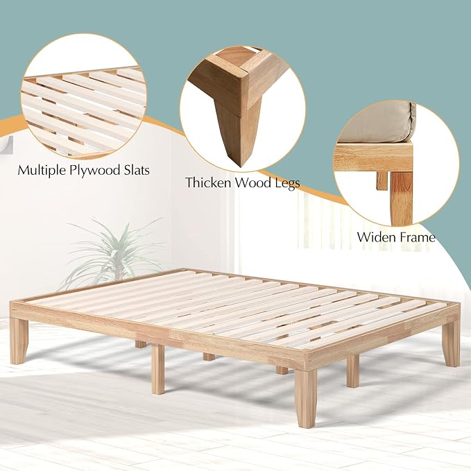 COSTWAY Queen Size Platform Bed Frame, 14 Inches Solid Rubber Wood Bed Mattress Foundation with Sturdy Slats Support, Easy Assembly Bed Frame for Home Hotel, No Box Spring Needed (Natural, Queen)