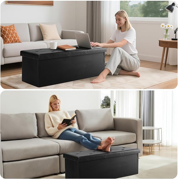 DUMOS 30 Inch Folding Storage Ottoman Bench, Large Hidden Storage Chest withThicker Foam Padded Seat, End of Bed Foot Rest Stool for Bedroom Living Room Entryway, Load 660 lbs, Black