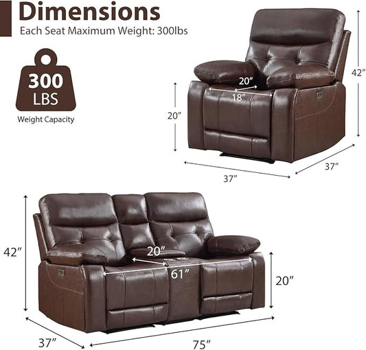 CANMOV Genuine Leather Power Recliner Sofa Set, Two Power Recliner Chair and Loveseat Set, 3 Pieces Leather Couch with Storage Console, USB Ports, Cup Holders for Living Room,Dark Brown