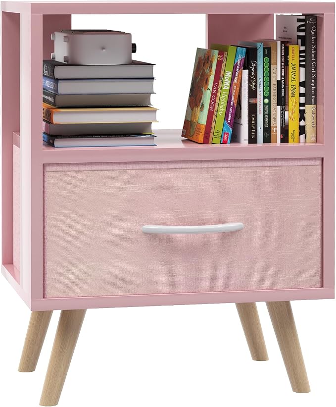 Huhote Kids Nightstand, 2-Tier Night Stand with Drawer, Modern Side Table for Bedroom, Study Room Small Spaces, Pink