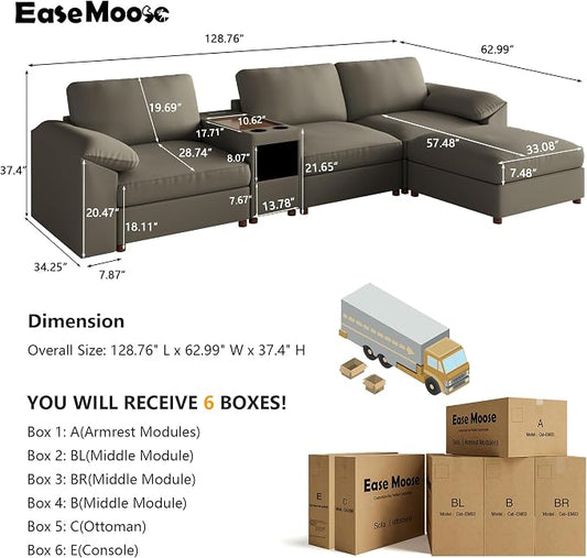 EASE MOOSE Leather Sectional Couch with Console, Oversized Modular Sectional Sofas, Wide Deep Seat Modular Couch, Scratch Resistant Faux Leather Material, L Shaped Sofa for Big Spaces,Light Grey