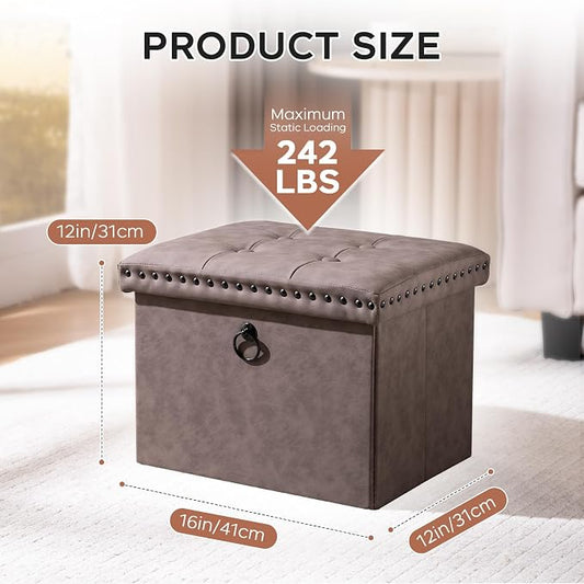 oakvivo 16x12x12 Inches Folding Cube Storage Ottoman, Small Leather Foot Rest Stool with Button Tufted Rivet Design, Footstool Bench, Ottoman with Storage for Living Room, Coffee Table, Oak Brown