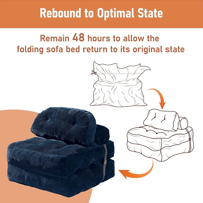 Folding Sofa Bed, Convertible Sleeper Chair with Back Support and Pillow Futon,Boneless Foldable Couch for Living Room/Guest Use/Home Office, Foldable Chair Bed for Adults, Navy Blue