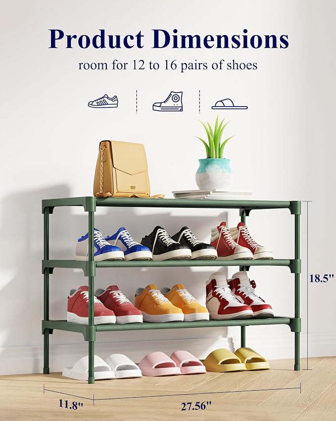 Kitsure Shoe Rack - Non-Woven Shoe Rack Shelf, Shoe Organizer for Closet, Entryway, Garage & Corridor, Stackable Shoe Shelves, 27.5" Wide - 3 Tier, Sage Green