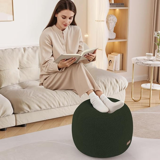 MeMoreCool Stuffed Round Pouf Ottoman Foot Rest, Floor Pouf Foot Stool with Soft Foam Chunk Filling, Small Round Ottoman Footstool Circle Footrest for Living Room, Green