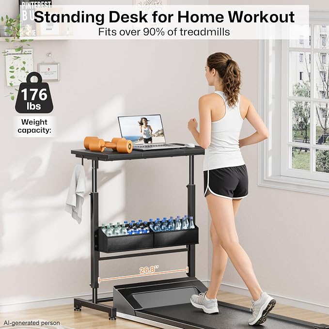 Small Mobile Standing Desk: 5-in-1 Charging Station - Power 5 Devices | Move & Charge in Any Room, Sit-Stand or Walk While Working, Store Supplies in Side Bags, Fits Small Spaces & Treadmills