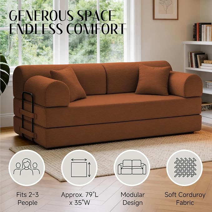 79'' Convertible Sofa Bed, 6 in 1 Folding Floor Futon Couch Sleeper with Fixed Frame, Corduroy Modular Sofa Bed with Removable Armrests & Pillows, No Assembly for Living Room Bedroom (Orange)