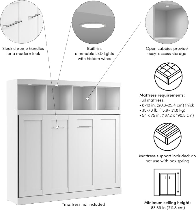 Bestar Full Size Horizontal Murphy Bed with Storage and Charging Station, 80-inch, for Bedroom or Guestroom, Pur Collection, Modern, White