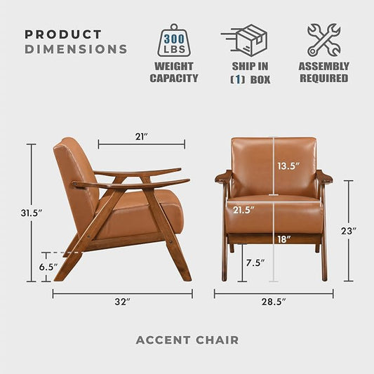 Lexicon Mid Century Modern Accent Chair with Solid Wood Frame in Walnut Finish, Faux Leather Living Room Lounge Arm Chair, Thick and Comfy Innerspring Seat Cushion, Brown