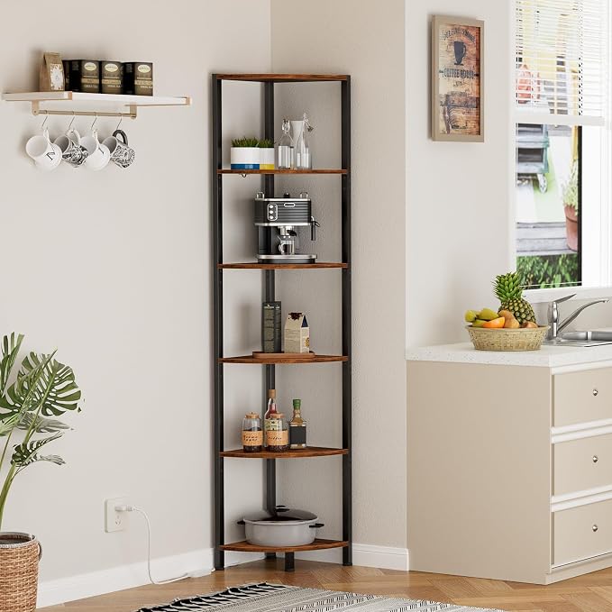 Furnulem 6 Tier Corner Shelf with LED Light, 67.5” Tall Standing Shelf Organizer, Narrow Bookshelf with Storage Rack for Wall Corner, Living Room, Bedroom, Metal Frame, Wood Display Shelf