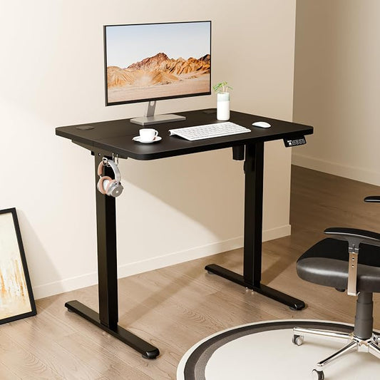 ERGOMAKER Electric Small Standing Desk, 31.5" x 23.6" Height Adjustable Sit Stand Desk with Splice Board for Home Office, Computer Desk Memory Preset (Black Frame, Black Desktop)