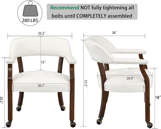 LEEMTORIG Large Dining Chairs with Casters and Arms, Rolling Dining Chairs with Wheels, Accent Game Poker Chairs, Wood Boss Caption's Chairs, 26“Dx25.2 Wx31.5“H, Cherry Legs & Ivory PU, SY-1533-WT