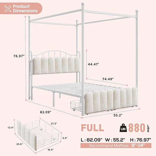 Homkdom Canopy Bed Frame Full Size with Upholstered Storage Headboard and Charging Station & LED Lights, 2 Oversized Drawers,Heavy-Duty Support, No Box Spring,Noise-Free,Easy Assembly, White