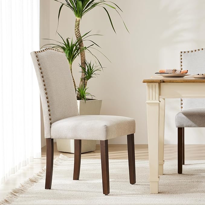 DUMOS Dining Chairs Set of 2, Farmhouse Fabric Upholstered Kitchen Chairs with Wooden Legs and Padded Seat, Modern Accent Chair for Dining Room, Kitchen, Living Room, Restaurant, Beige