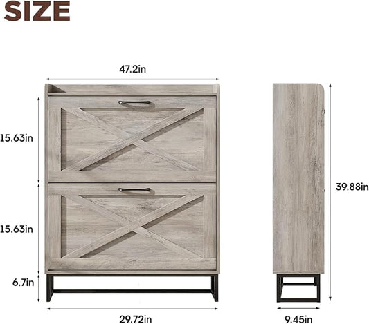 Maupvit Shoe Cabinet with 2 Flip Drawers, Freestanding Shoe Cabinet Organizer with Metal Legs, Shoes Storage Cabinet for Entryway, Narrow Shoe Rack Cabinet, Washed Gray
