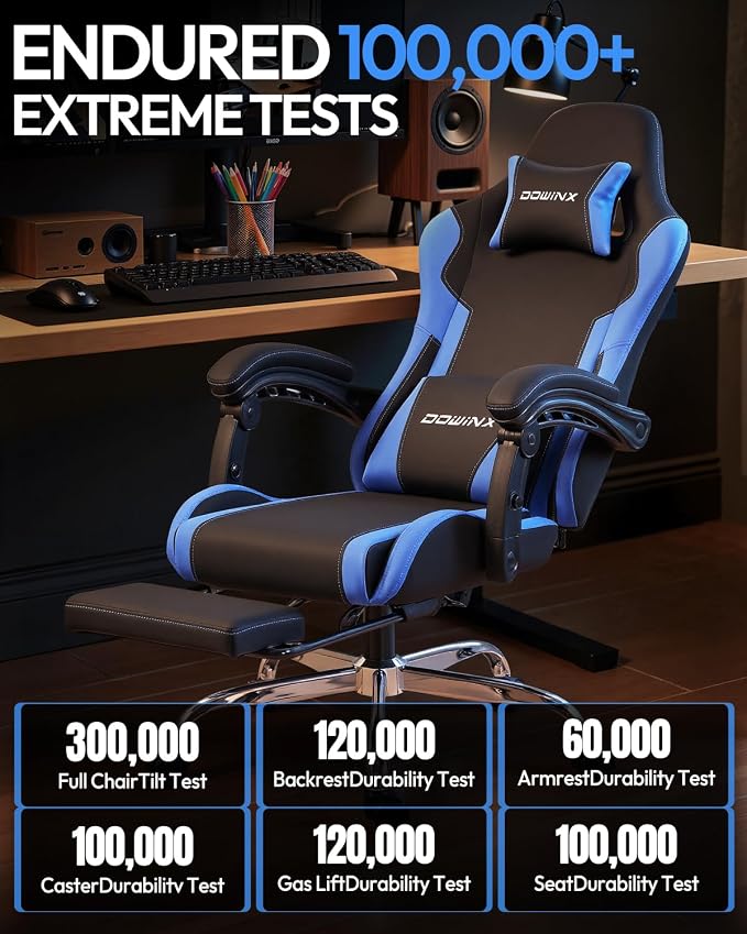 Dowinx Ergonomic Gaming Chair with Footrest & Massage Lumbar, 2D-Linkage Armrests for Computer Chair 330lbs with Headrest Pillow for Office, Home, Streaming and Long Gaming Sessions, Blue