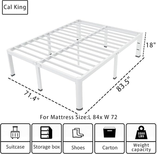ROIL 18 Inch White California King Bed Frame with Rounded Corner and Headboard Hole Mattress Retainers 3500LBS Heavy Duty Steel Slats No Box Spring Needed Platform Noise-Free Easy Assembly