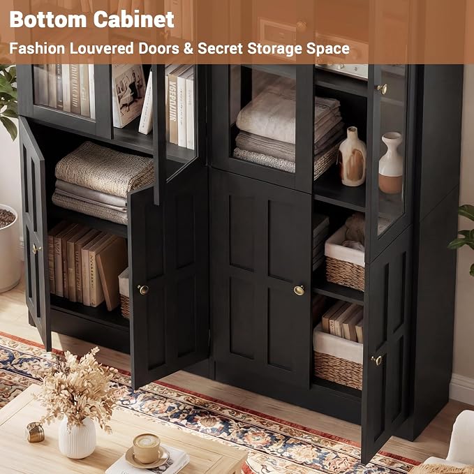 Cyclysio 80" Kitchen Pantry Cabinet with Glass Doors and Adjustable Shelves, Kitchen Cabinet with Thickened Top Panel, Tall Cabinet for Livingroom, Pantry, Bathroom, Black, Set of 2