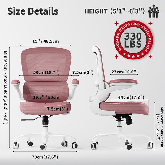 TRALT Ergonomic Office Chair - Desk Chair with Adjustable Lumbar Support Computer Chair - Mesh Comfy Chair with Flip-up Armrests - Gaming Chairs for Adults Home Office (Leather, Pink)