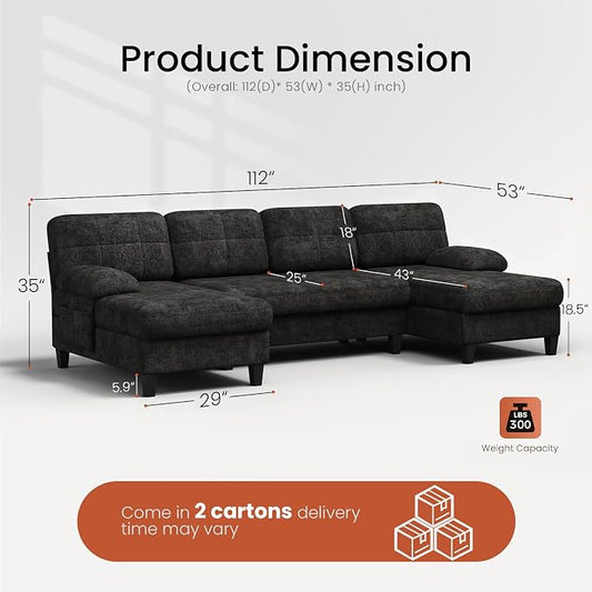 KKL U-Shaped Sectional Couch for Living Room, 112" Sectional Sofa with Double Chaise, Modern Sofa Deep Seat Couches for Living Room, Apartment, Office, Black