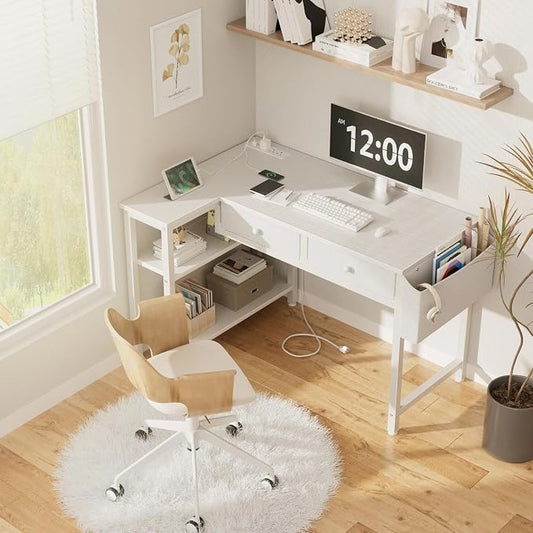 DLisiting Small White L Shaped Desk with Drawers & Storage Shelves, 40 Inch Corner Desk with Power Outlet for Small Space Home Office, Study Work PC Desks for Bedroom