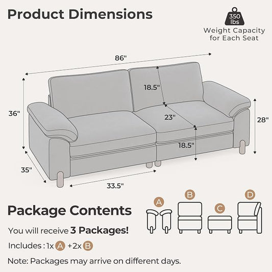 SITJOY Large Cloud Couch, 86" Wide 2 Seater Loveseat, Chenille in Navy Blue | Detachable and Washable Chenille Cover Sectional Sofas for Living Room, Deep Seat Wide Couch
