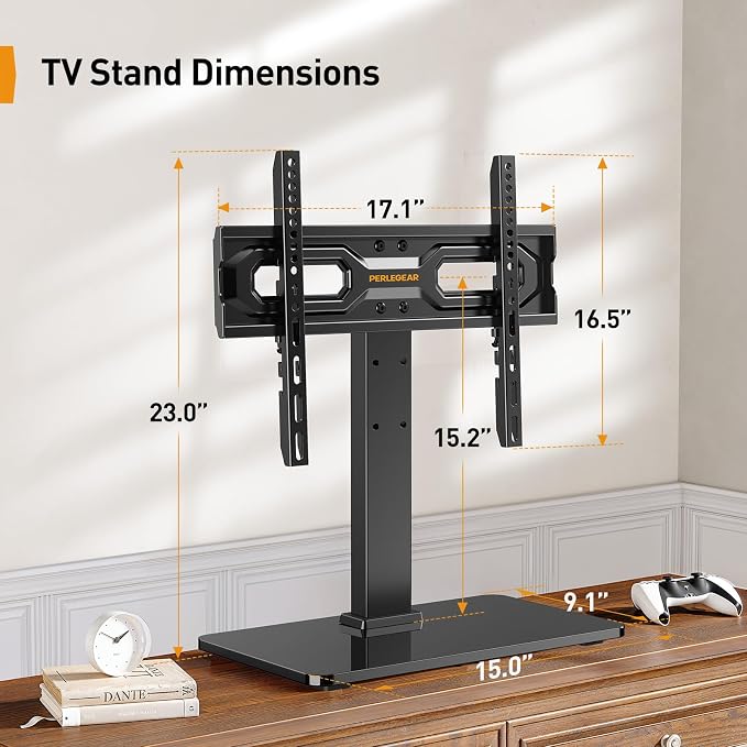 Perlegear Tabletop TV Stand, Universal TV Stand for 23–60 Inch LCD/LED/OLED TVs, Height-Adjustable TV Mount Stand with Tempered Glass Base & Cable Management, VESA 400x400mm, PGTVS02 