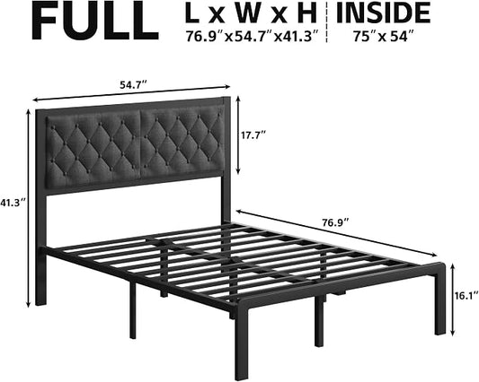 Fluest Full Bed Frame with Headboard Linen Upholstered Bed Frame Platform,All Metal Slats Support Platform Bed Frame with Storage Space,Easy Assembly,Noise Free,No Box Spring Needed,Grey