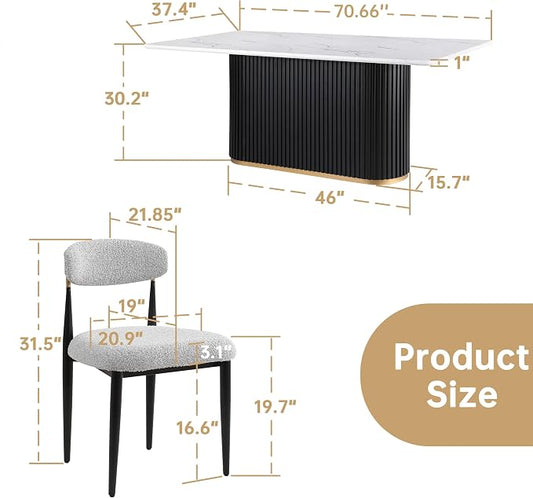 Morden Fort Modern Dining Table Set for 4, 70" Kitchen Table with Marble Rectangle Top and Black Fluted Base, 4 Boucle Upholstered Chairs for Dining Room, Restaurant and Reception