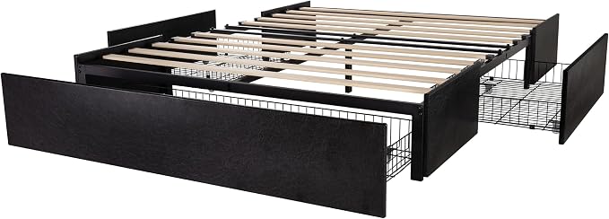 Allewie Full Size Platform Bed Frame with 3 Storage Drawers, Faux Leather Upholstered, Wooden Slats Support, No Box Spring Needed, Easy Assembly, Black